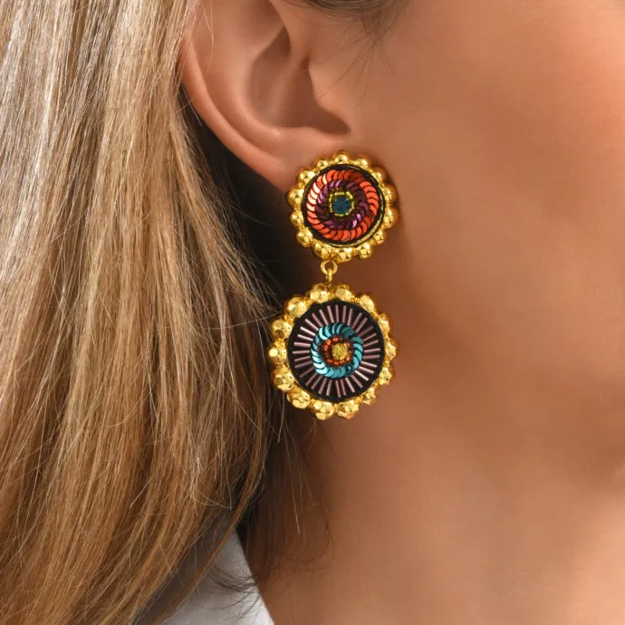 Clearance Angèle round clip-on earrings - orange and purple Clips|Boucles D'oreilles XXL