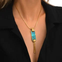 Hot Ashanti rectangular mother-of-pearl pendant necklace – turquoise and green Sautoirs & Colliers Longs|Pendentifs Et Médailles