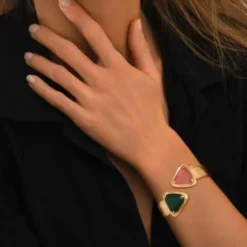 Outlet Byzance open bangle bracelet – pale pink and green Joncs