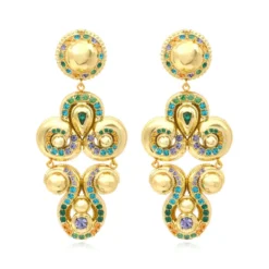 Best Gloria clip-on earrings in gold metallic resin and green crystals Clips|Boucles D'oreilles XXL