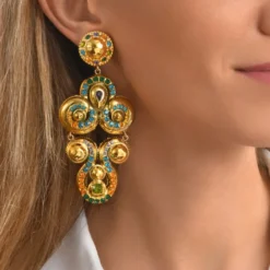 Best Gloria clip-on earrings in gold metallic resin and green crystals Clips|Boucles D'oreilles XXL