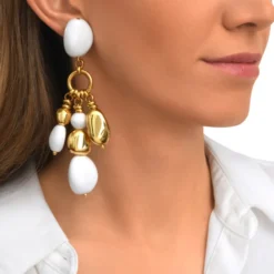 Sale Loulou clip-on earrings – white and gold Clips|Boucles D'oreilles XXL