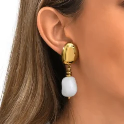 Hot Loulou clip-on pendant earrings – white and gold Clips|Boucles D'oreilles XXL