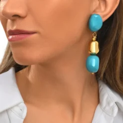 Sale Loulou long clip-on earrings – turquoise and gold Clips|Boucles D'oreilles XXL