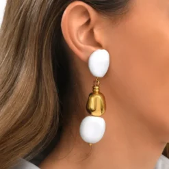Clearance Loulou long clip-on earrings – white and gold Clips|Boucles D'oreilles XXL