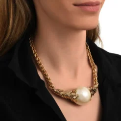 Best Lucy choker necklace in fine gold-plated metal and cotton pearl - white Colliers Courts & Ras Du Cou