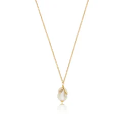 Lucy pendant necklace in fine gold-plated metal and cotton pearl - white Sautoirs & Colliers Longs|Pendentifs Et Médailles