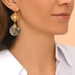 Sale Positano thin dangling sleeper earrings - grey mother-of-pearl Dormeuses|Longues / Pendantes