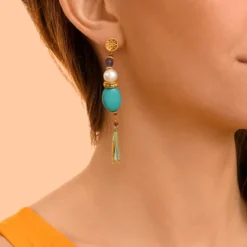 Best Tiki long stud earrings for pierced ears - turquoise Percées / Tiges